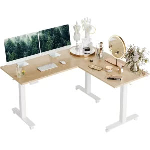 Solid Wood Triple Motor L Shaped Standing Desk, 63 x 55 inch Corner Stand Up Desk, Adjustable Height Home Office Desk